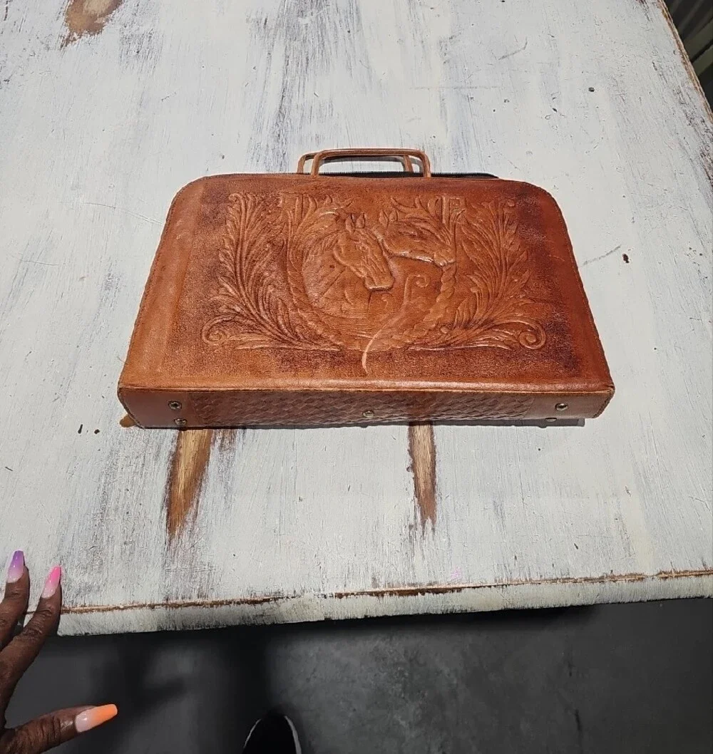 Hand-Tooled Brown Leather Clutch Wallet Made In Mexico